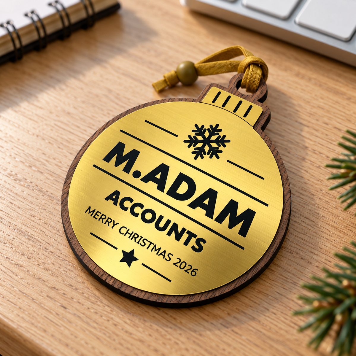 Gold personalised Christmas bauble Design 3, enhanced desk photograph; standard design example, customer wording replaces example text. Hanging strip colour varies, decorative props and gift boxes not included.