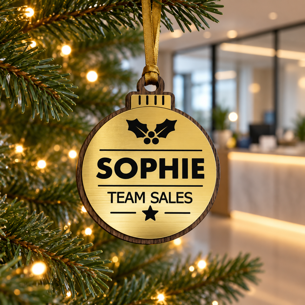 Gold Design 1 personalised bauble on a Christmas tree; standard design example, props not included