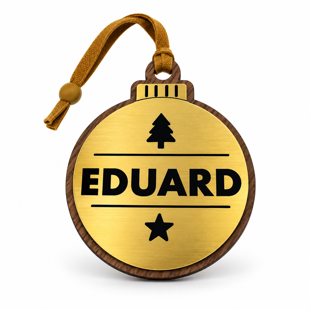 Gold personalised Christmas bauble Design 2, standard design example; customer wording replaces example text. Hanging strip colour varies.