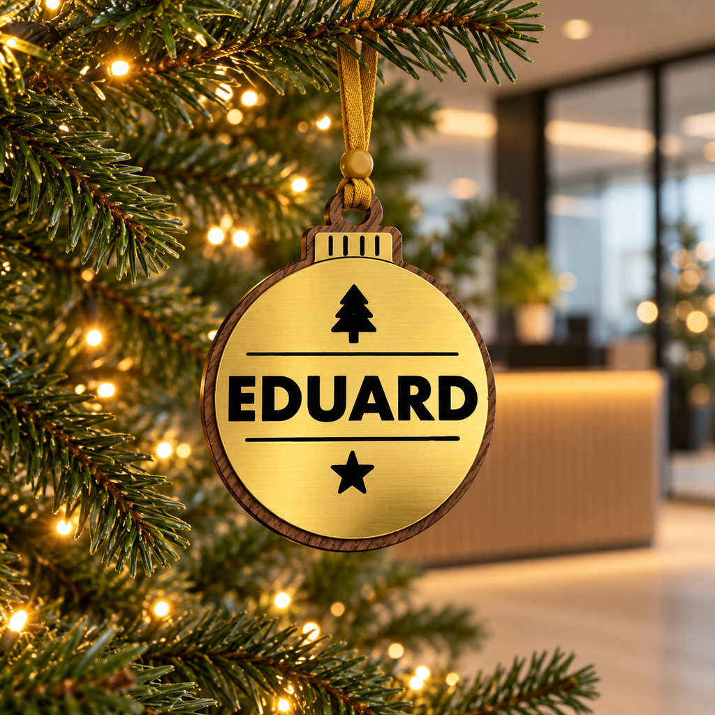 Gold personalised Christmas bauble Design 2, lifestyle photograph; decorative props not included. Hanging strip colour varies.