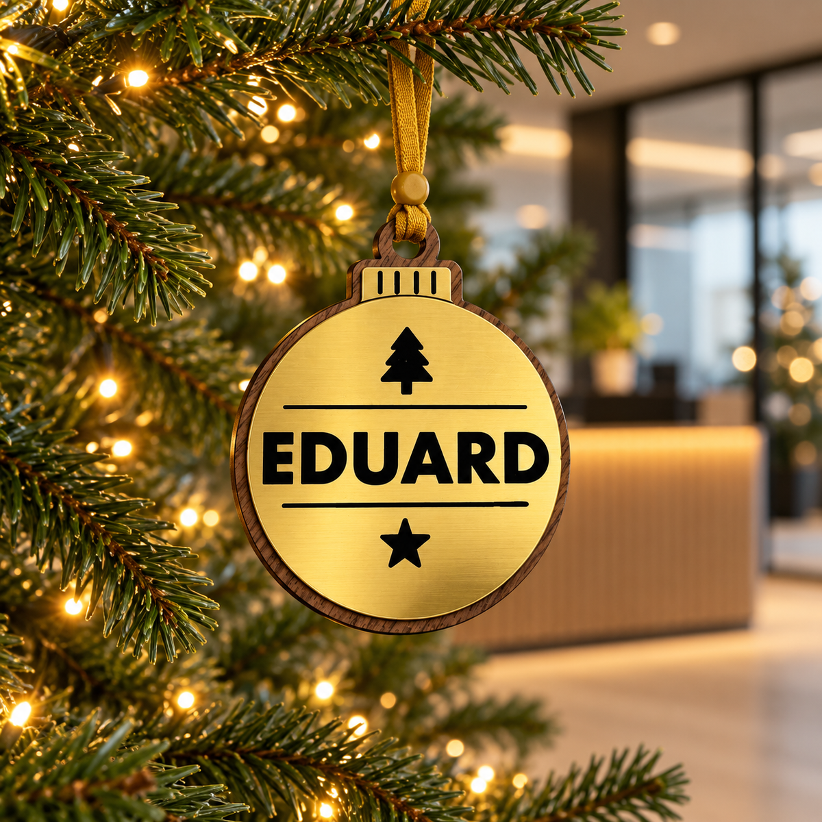 Gold personalised Christmas bauble Design 2, lifestyle photograph; decorative props not included. Hanging strip colour varies.