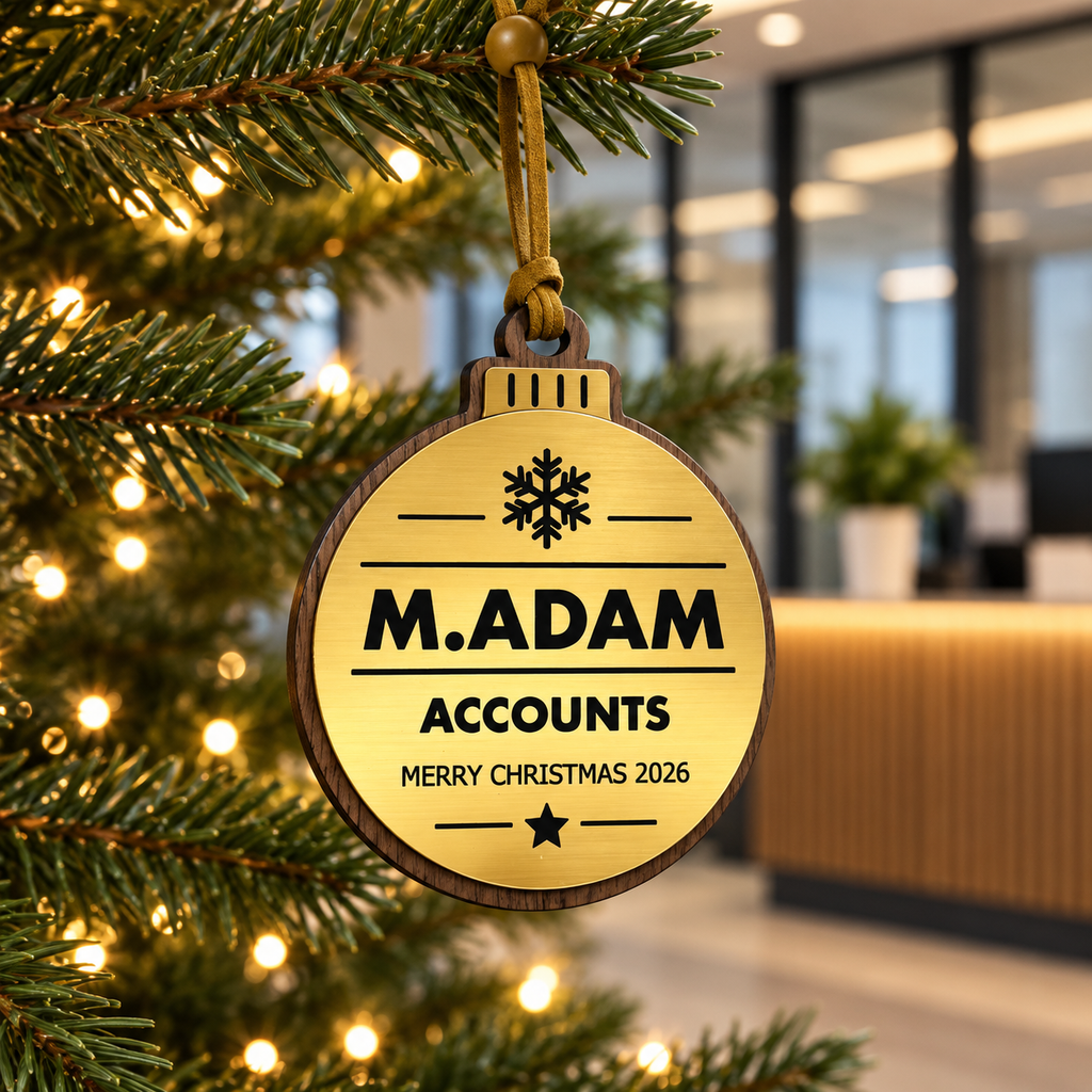 Gold personalised Christmas bauble Design 3, lifestyle photograph; decorative props not included. Hanging strip colour varies.
