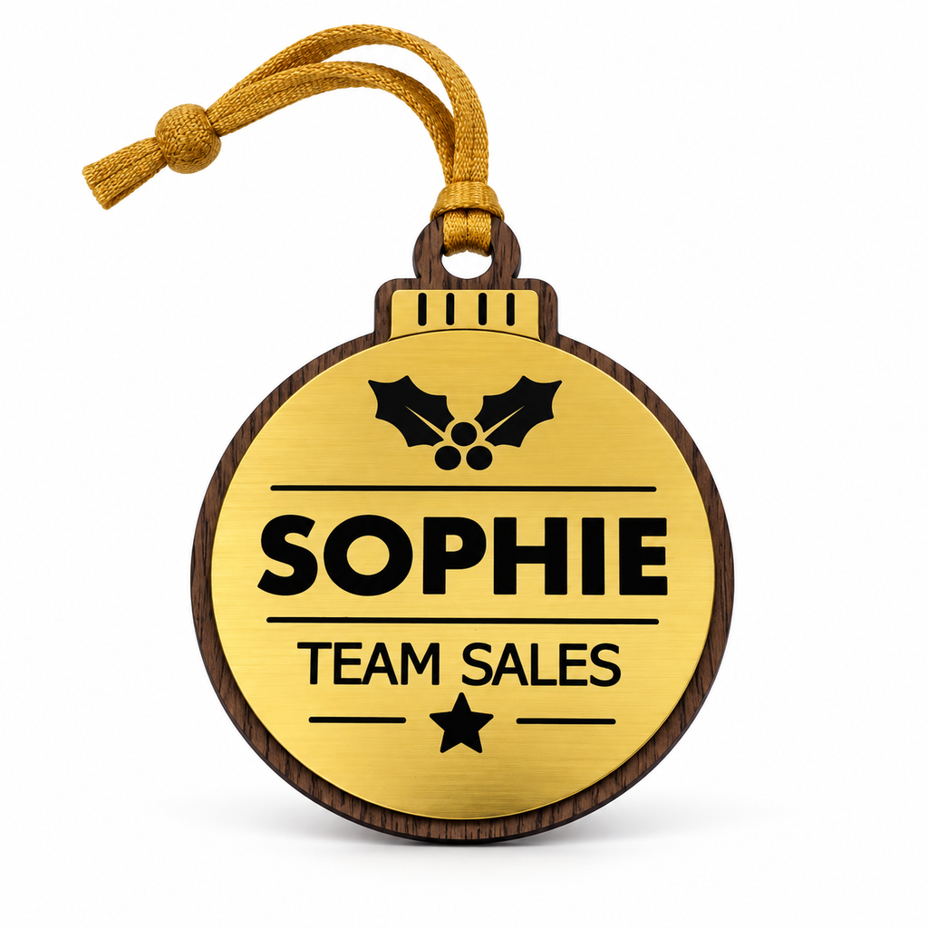 Gold and walnut personalised Christmas bauble Design 1, Sophie and Team Sales example; hanging strip colour varies