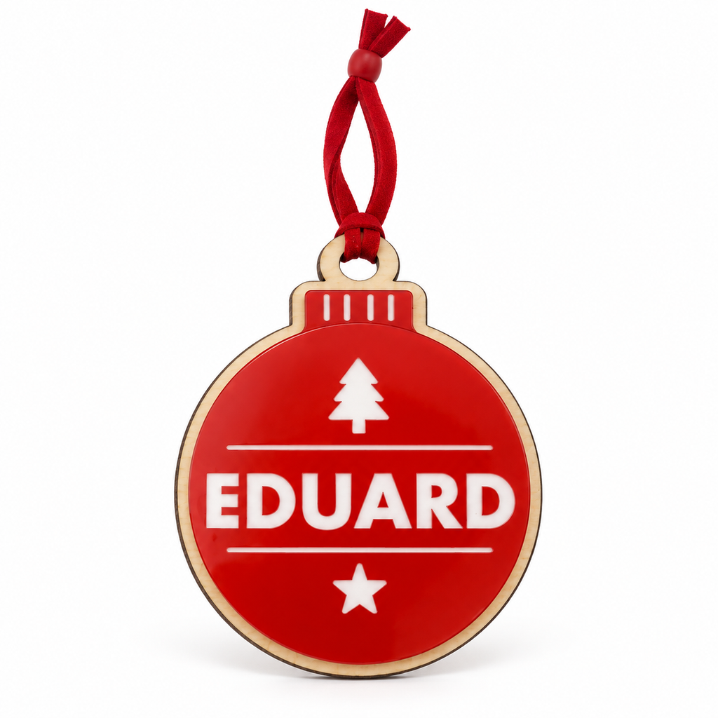Red personalised Christmas bauble Design 2, standard design example; customer wording replaces example text. Hanging strip colour varies.