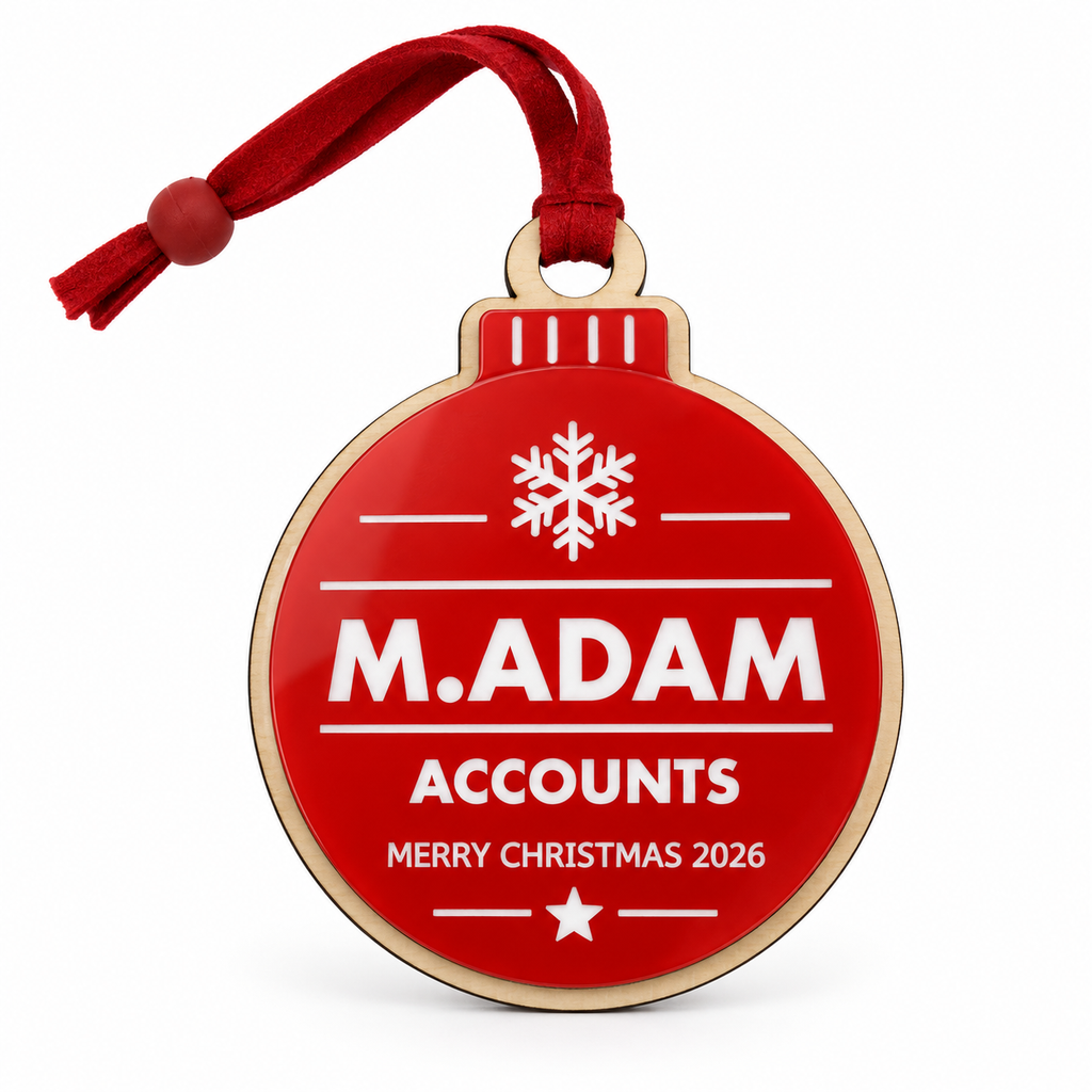 Red personalised Christmas bauble Design 3, standard design example; customer wording replaces example text. Hanging strip colour varies.