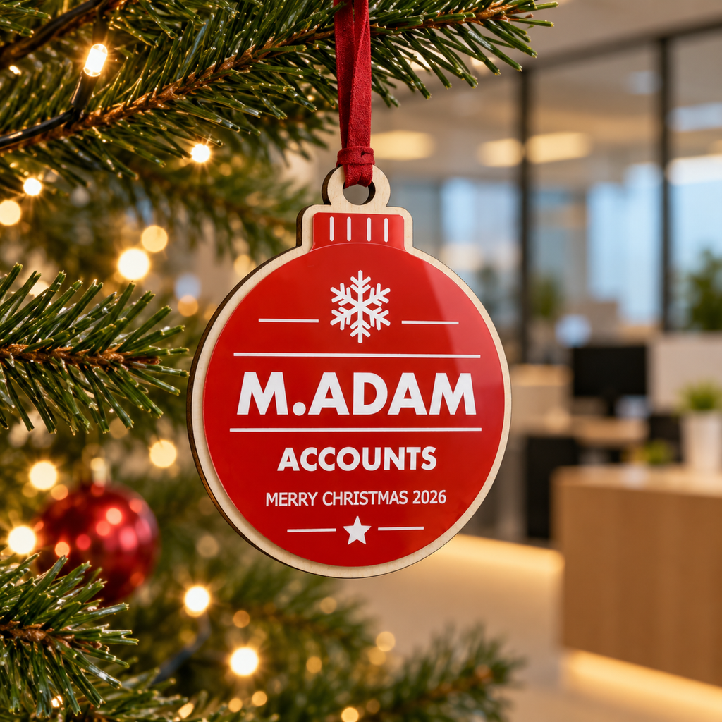 Red personalised Christmas bauble Design 3, lifestyle photograph; decorative props not included. Hanging strip colour varies.