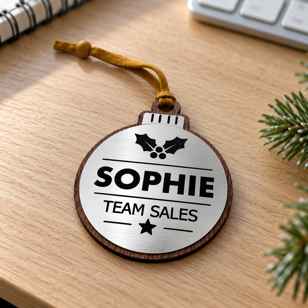Silver personalised Christmas bauble Design 1, enhanced desk photograph; standard design example, customer wording replaces example text. Hanging strip colour varies, decorative props and gift boxes not included.
