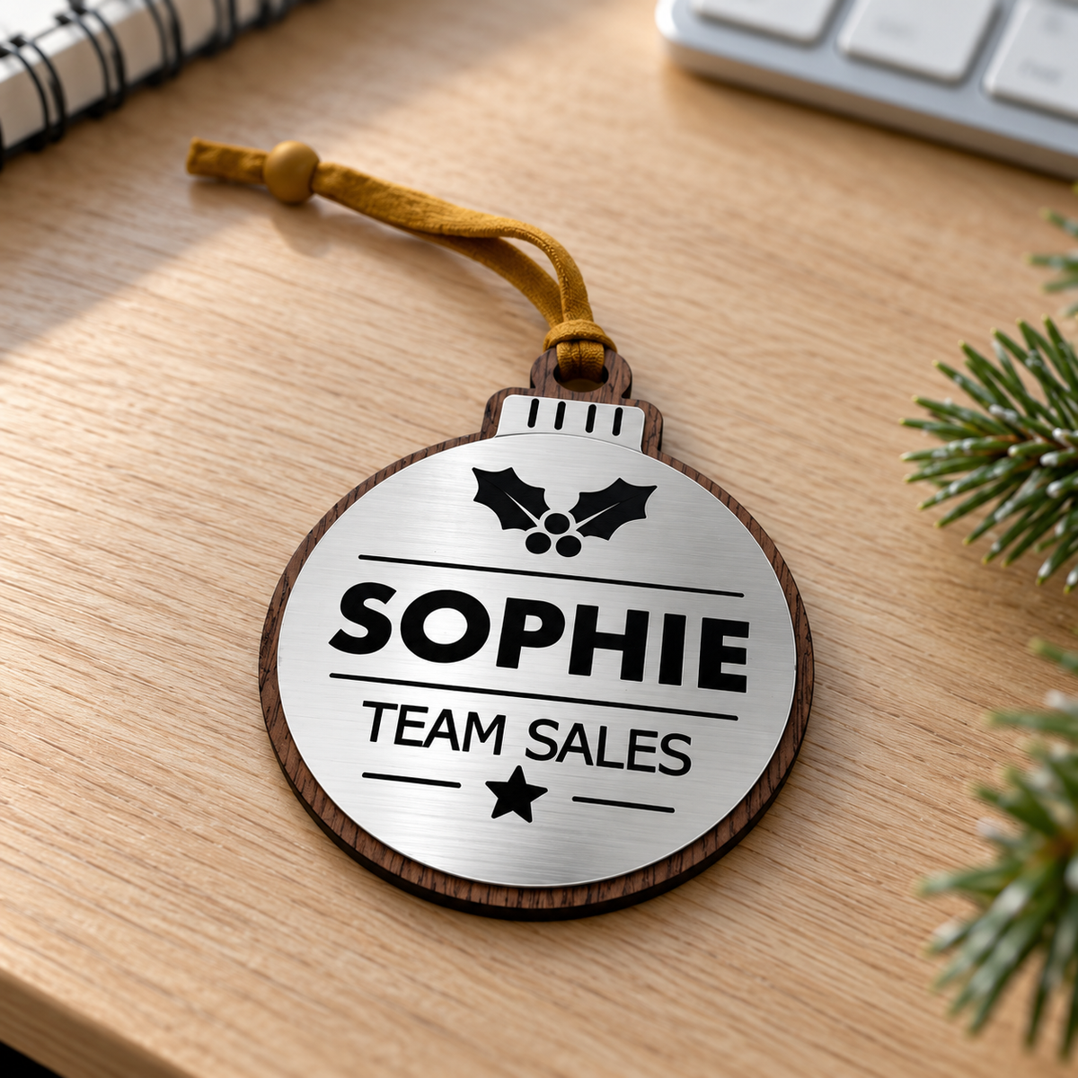 Silver personalised Christmas bauble Design 1, enhanced desk photograph; standard design example, customer wording replaces example text. Hanging strip colour varies, decorative props and gift boxes not included.