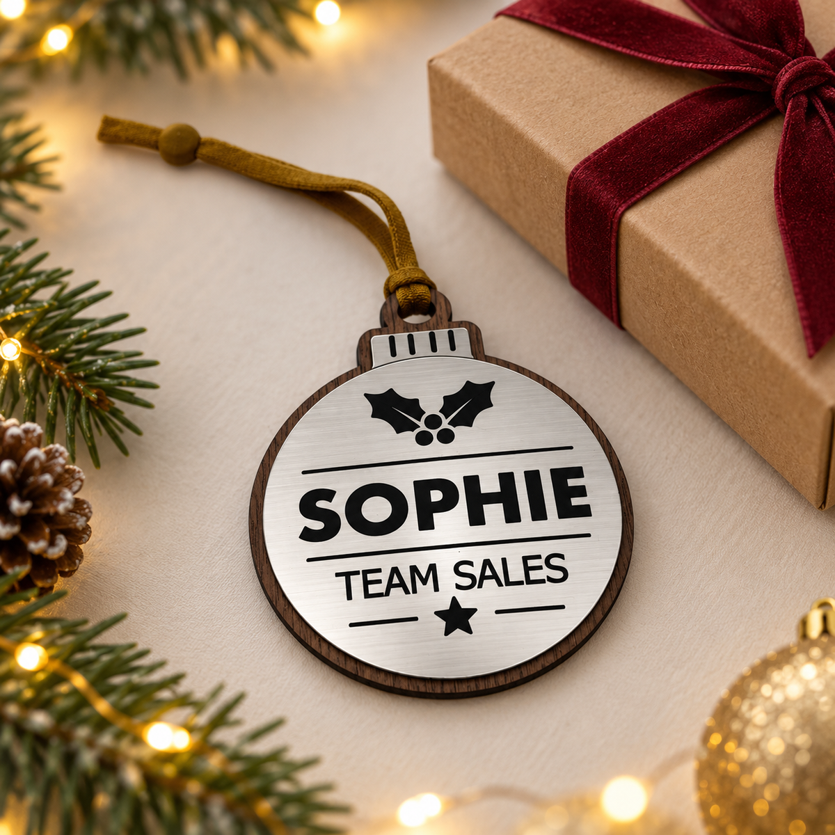 Silver personalised Christmas bauble Design 1, enhanced gift photograph; standard design example, customer wording replaces example text. Hanging strip colour varies, decorative props and gift boxes not included.