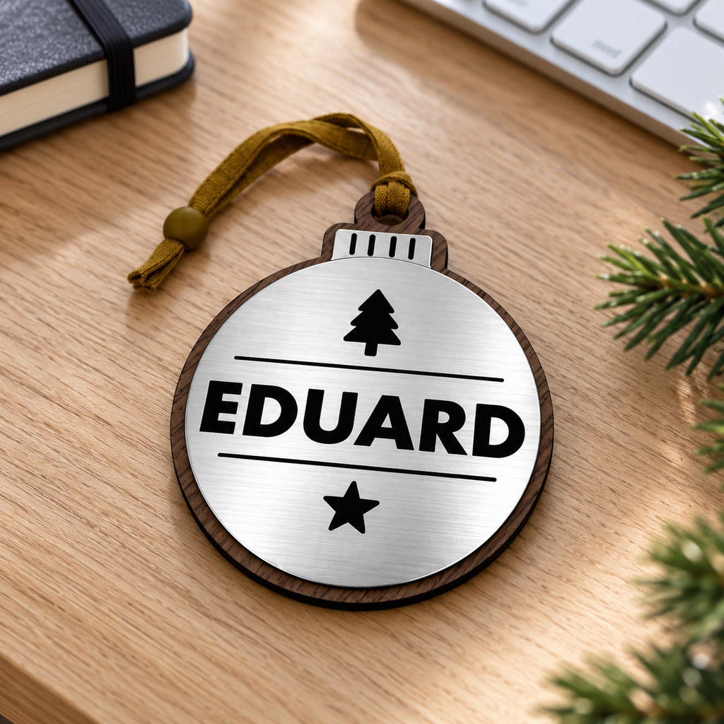 Silver personalised Christmas bauble Design 2, enhanced desk photograph; standard design example, customer wording replaces example text. Hanging strip colour varies, decorative props and gift boxes not included.