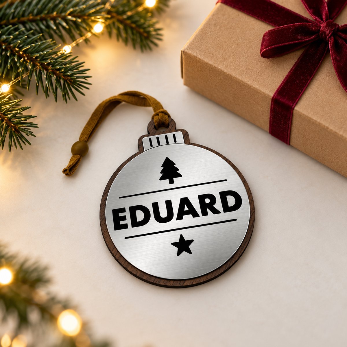 Silver personalised Christmas bauble Design 2, enhanced gift photograph; standard design example, customer wording replaces example text. Hanging strip colour varies, decorative props and gift boxes not included.