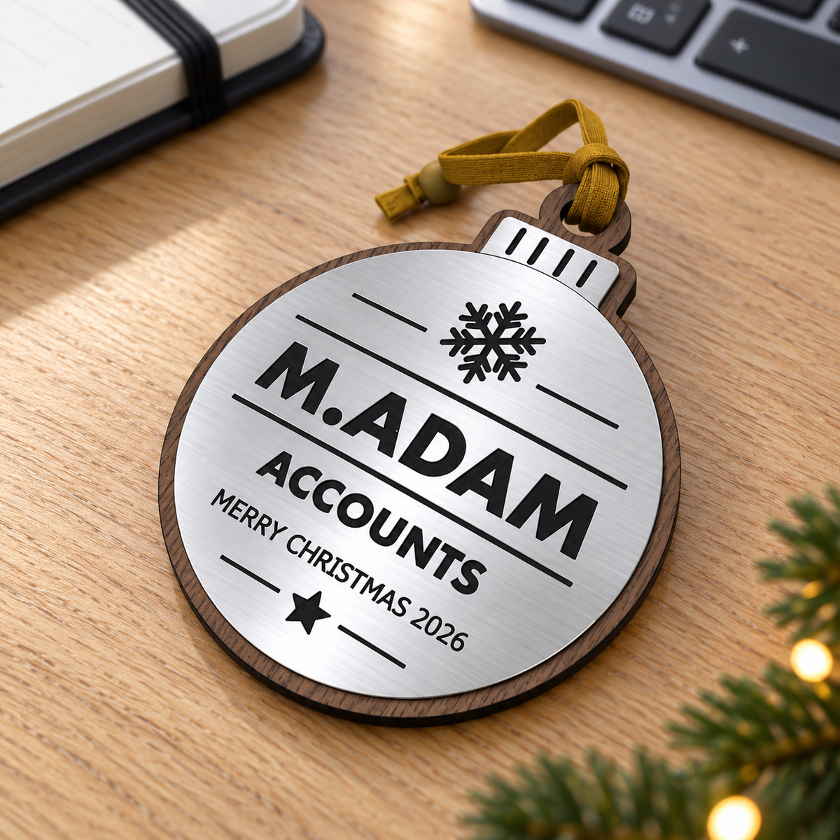 Silver personalised Christmas bauble Design 3, enhanced desk photograph; standard design example, customer wording replaces example text. Hanging strip colour varies, decorative props and gift boxes not included.