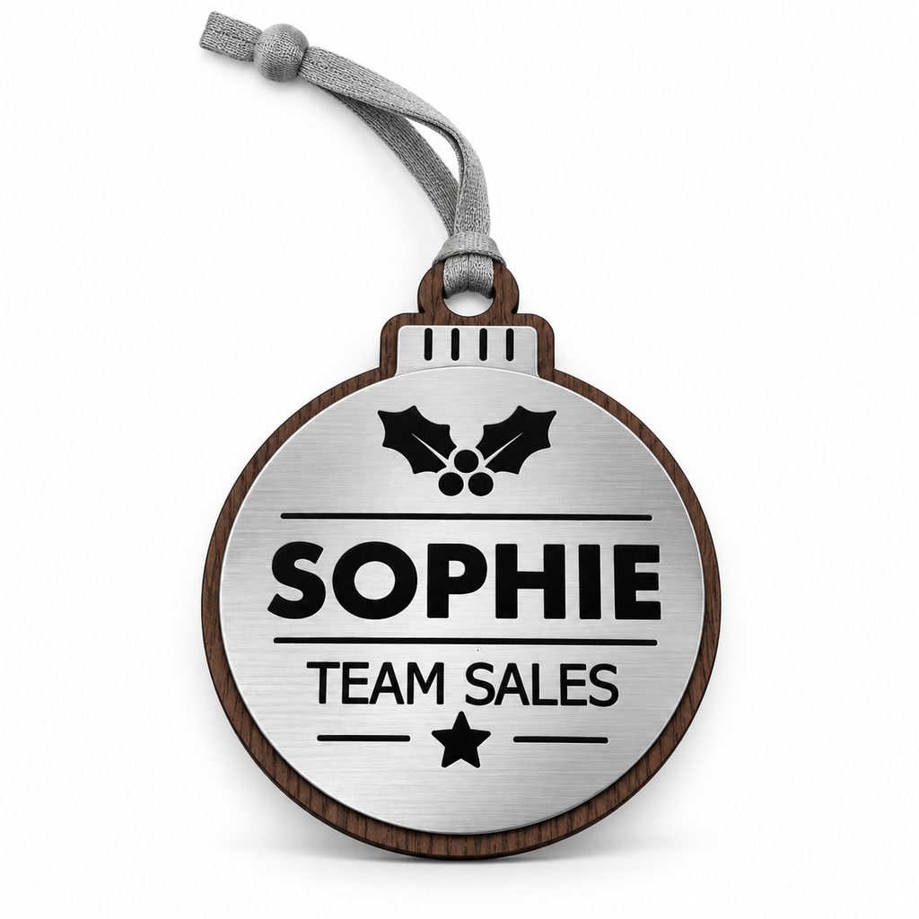 Silver personalised Christmas bauble Design 1, standard design example; customer wording replaces example text. Hanging strip colour varies.