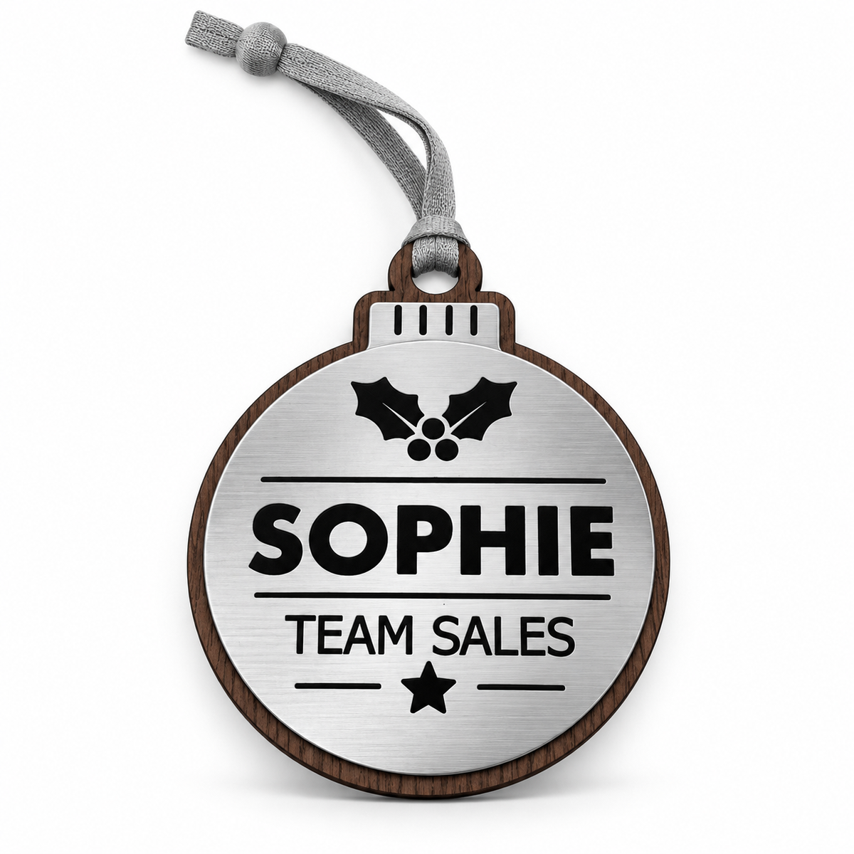 Silver personalised Christmas bauble Design 1, standard design example; customer wording replaces example text. Hanging strip colour varies.