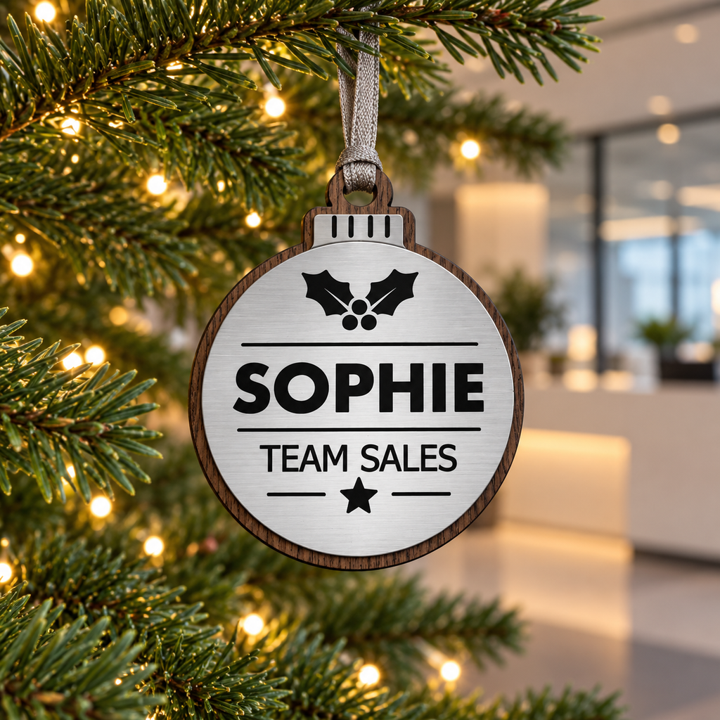 Silver personalised Christmas bauble Design 1, lifestyle photograph; decorative props not included. Hanging strip colour varies.