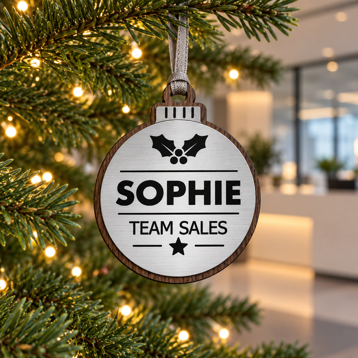 Silver personalised Christmas bauble Design 1, lifestyle photograph; decorative props not included. Hanging strip colour varies.