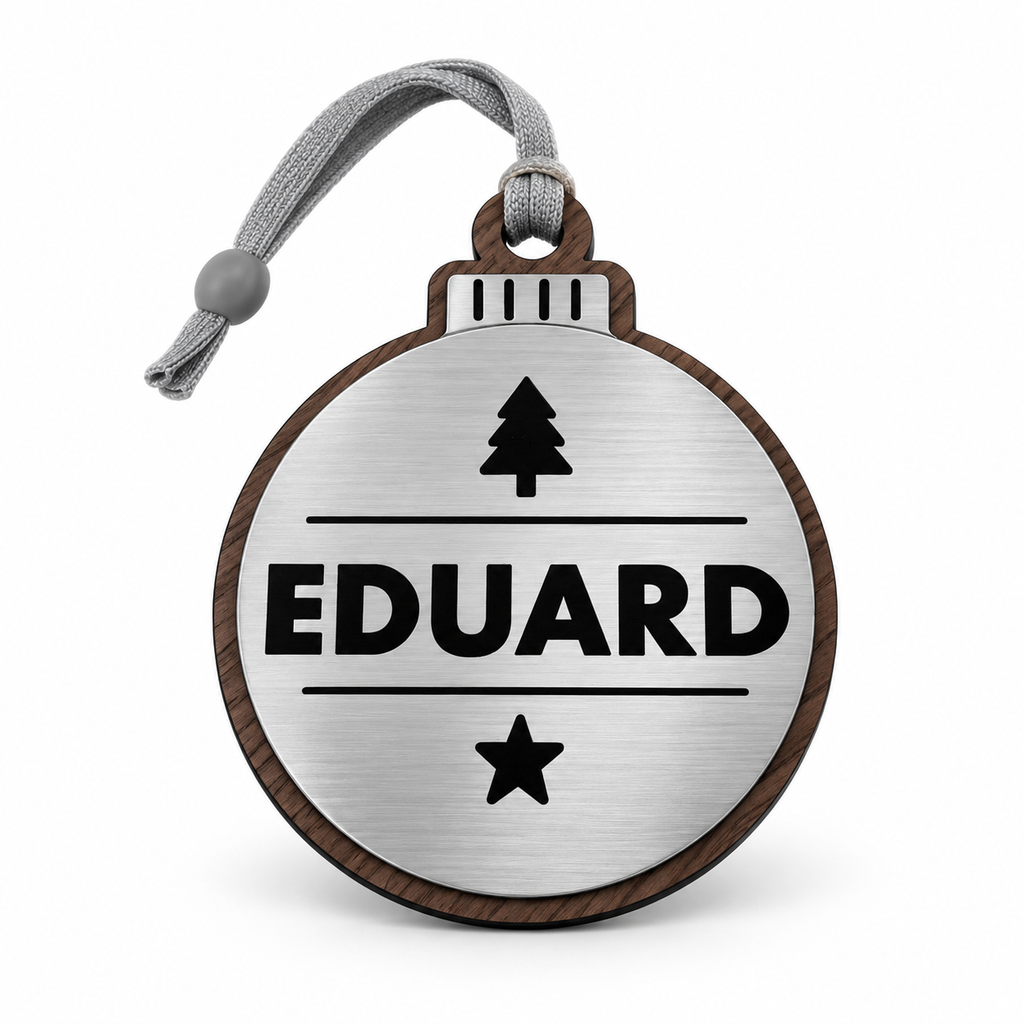 Silver personalised Christmas bauble Design 2, standard design example; customer wording replaces example text. Hanging strip colour varies.