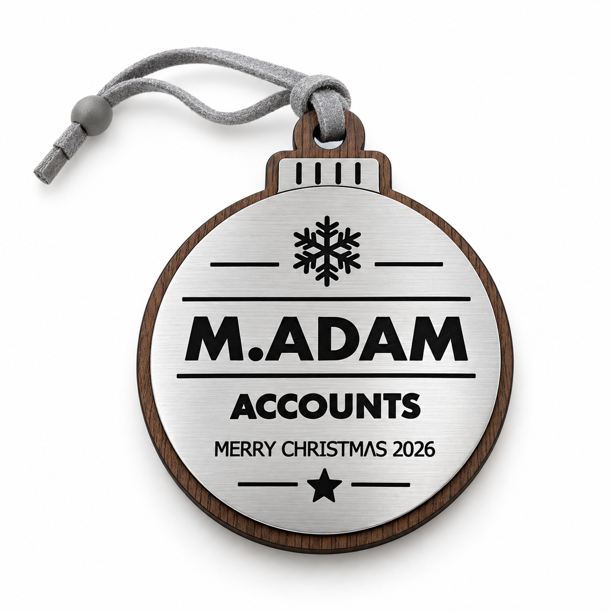 Silver personalised Christmas bauble Design 3, standard design example; customer wording replaces example text. Hanging strip colour varies.